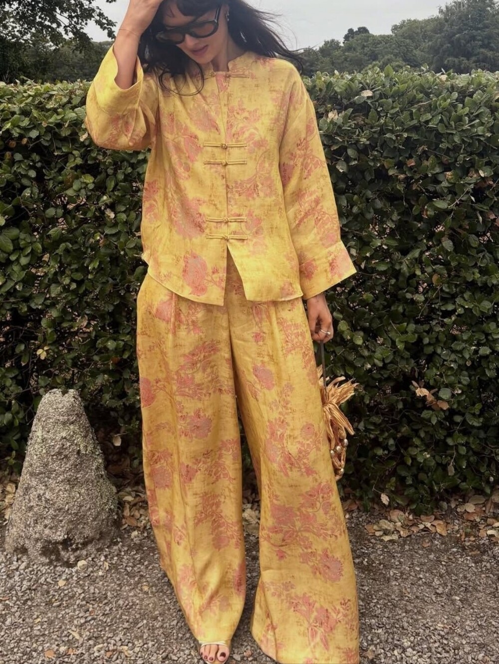 2026 Women Vintage Wide Leg Pant Set Chinese Style Stand Collar Frog Button Long